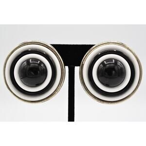 Duplaise Vintage Clip On Earrings Black White Silver Chunky Signed 1980s BinAG